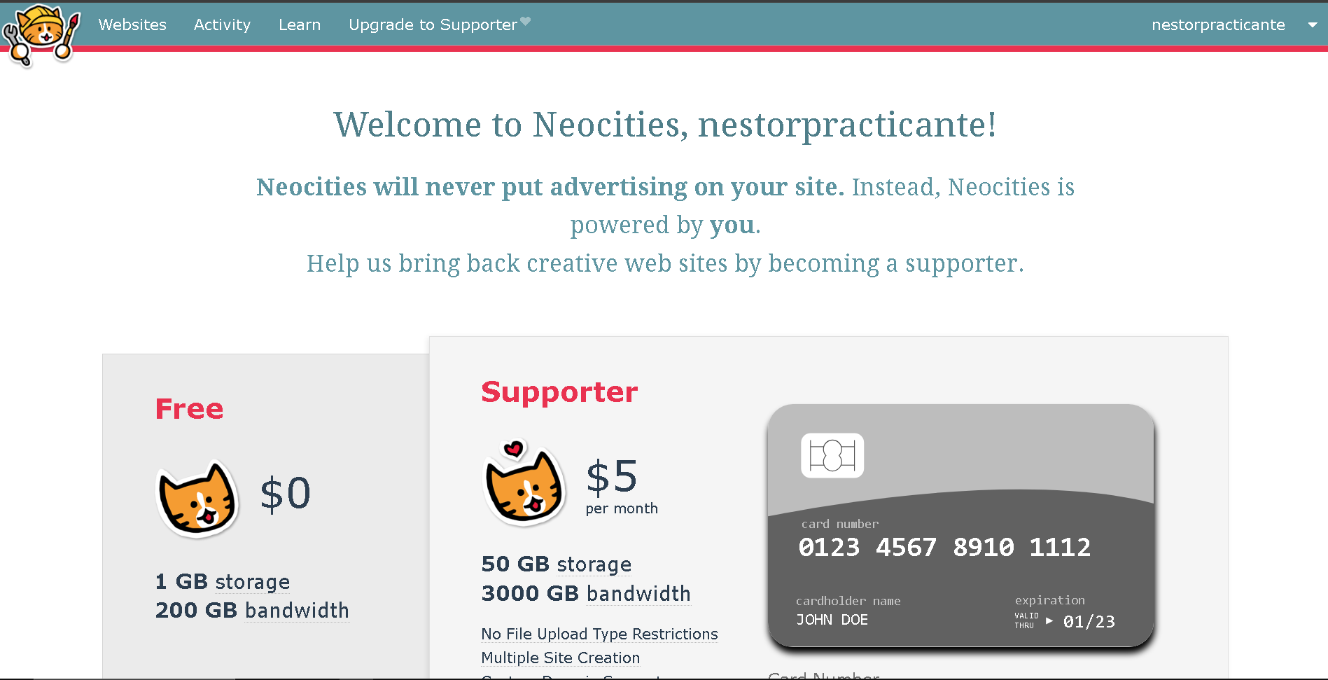 Opciones de planes de NeoCities