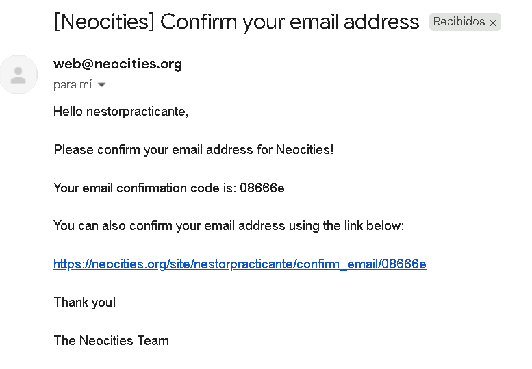 Correo electrónico de confirmación de NeoCities con el código