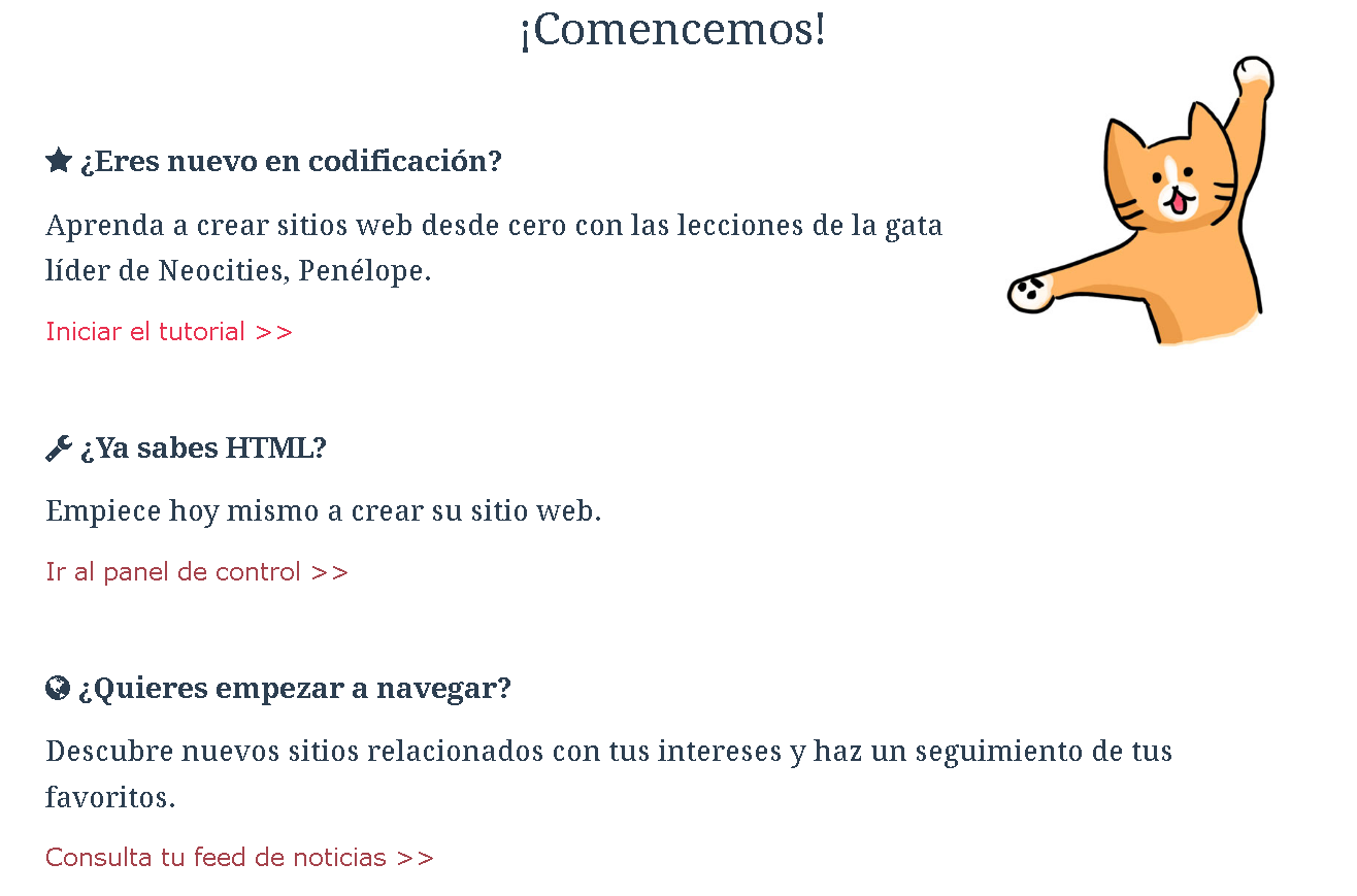 Página de bienvenida de NeoCities después de la creación de la cuenta