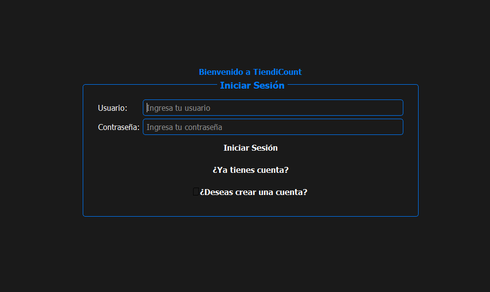 Pantalla de Inicio de Sesión de Tiendicount