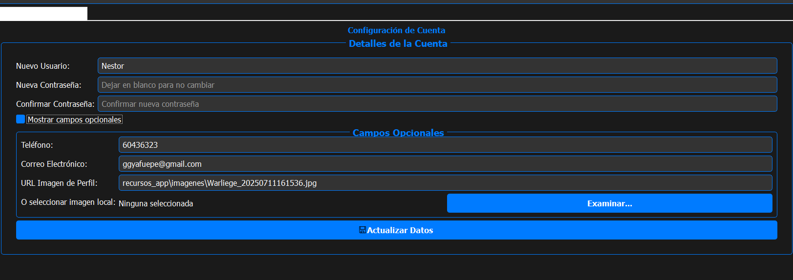 Barra Lateral con Opciones de Usuario